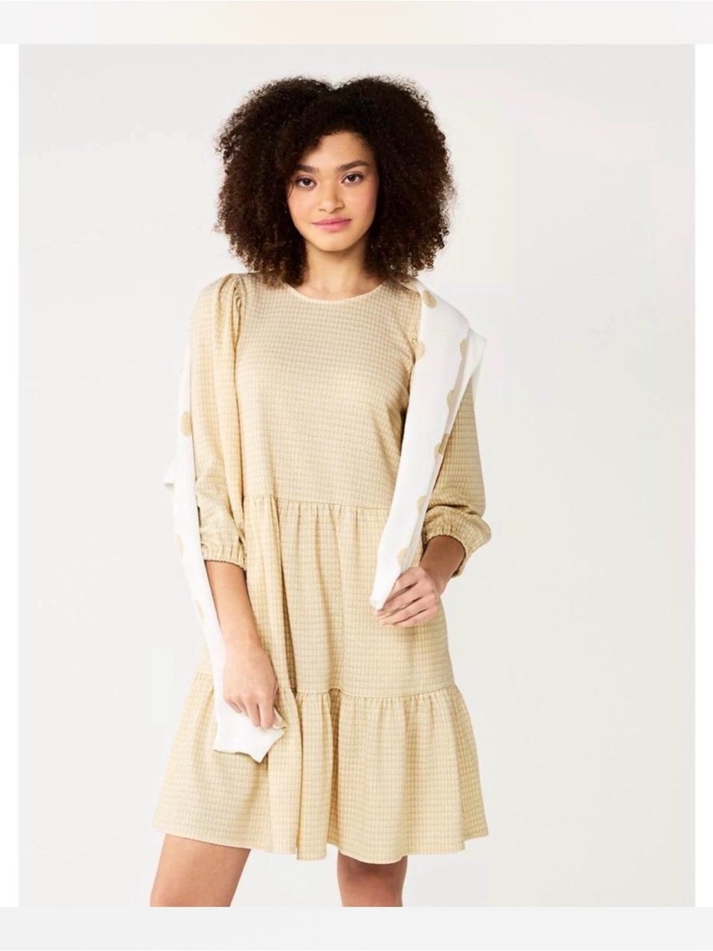 Beige Houndstooth Long Sleeve Tiered Dress